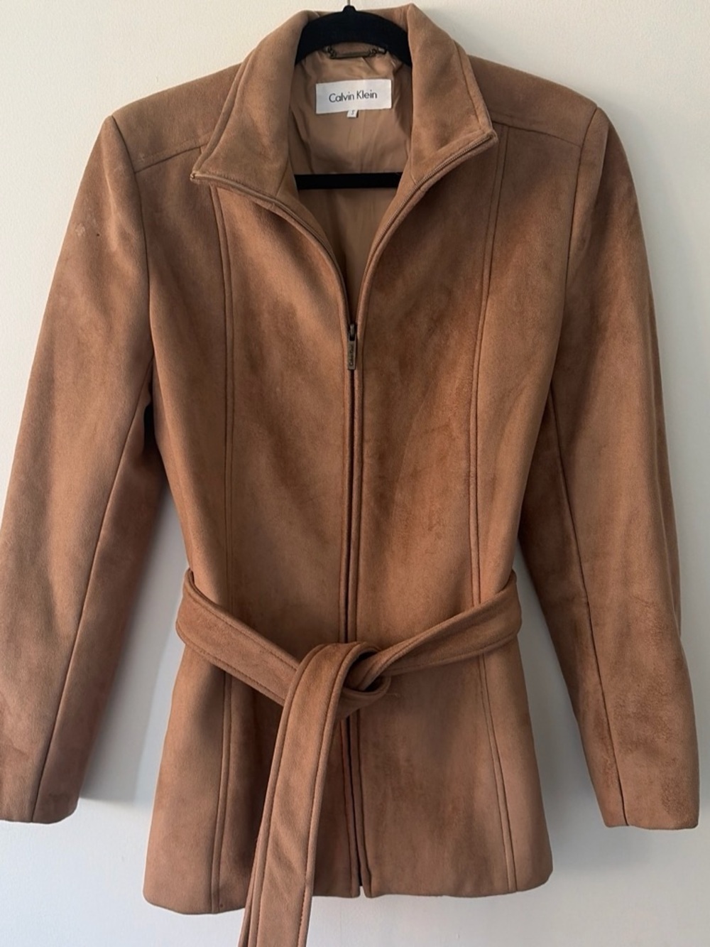 Calvin Klein Camel/Tan Suede Belted Zip Trench Coat